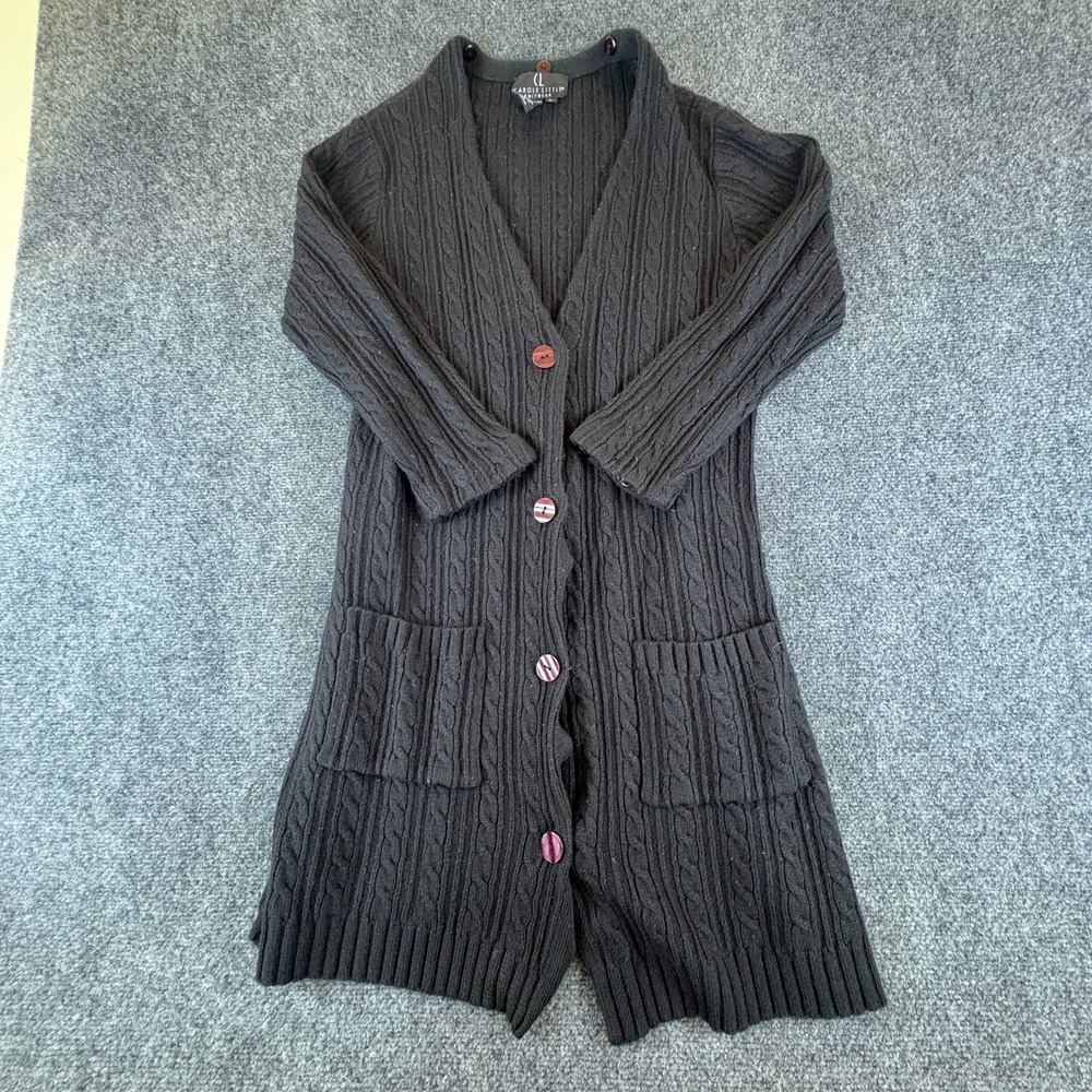 CL Carole Little Cardigan Sweater Women Large Black Cable Knit Button Front - Picture 1 of 7